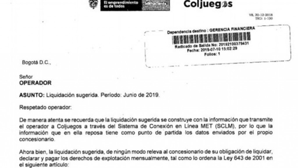 Coljuegos recuerda mediante comunicación la obligación de liquidar, declarar y pagar los derechos de explotación