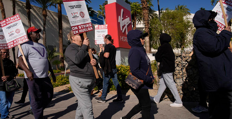 Hospitality workers on strike at a casino near the Las Vegas Strip