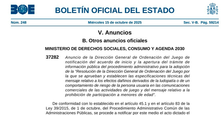 España: La DGOJ somete a información pública el proyecto  sobre mensajes de advertencia en publicidad de juego
