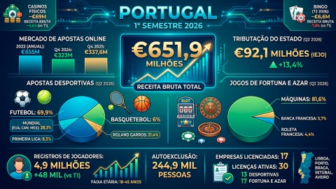 Portugal registra €651,9 milhões em apostas online no semestre