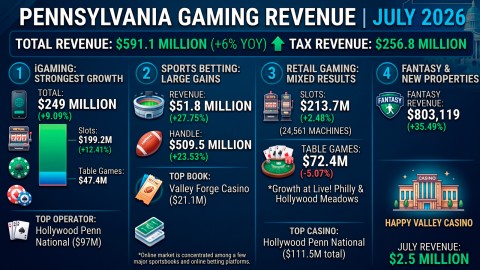 Pennsylvania Gaming Revenue Rises 6% to $591 Million in July 2026